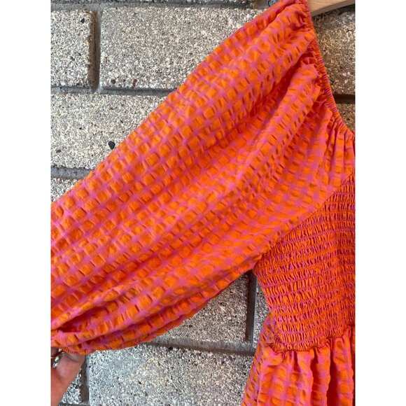 Nobodys Child Orange & Pink Textured Smocked Mini Dress With Puff Sleeves UK 18 - Picture 2 of 6